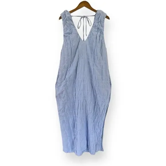 Free People Dress Agatha Midi Blue Long Oversize Boho Textured Lagenlook Medium - Picture 3 of 11